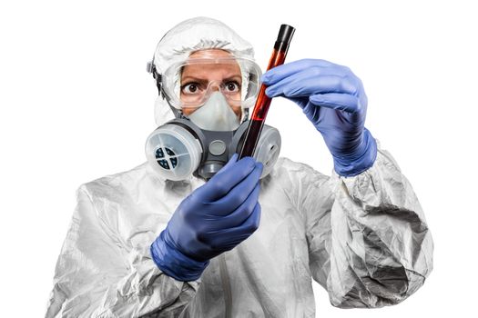Woman In Hazmat Suit and Gas Mask Holding Test Tube of Blood Isolated On White Background.