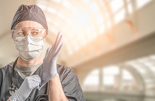 Female Doctor or Nurse Wearing Scrubs, Protective Face Mask and Goggles Banner.