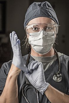 Female Doctor or Nurse Wearing Scrubs, Protective Face Mask and Goggles.