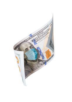 One Hundred Dollar Bill With Medical Face Mask on Benjamin Franklin Isolated on White.