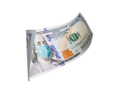 One Hundred Dollar Bill With Medical Face Mask on Benjamin Franklin Isolated on White.