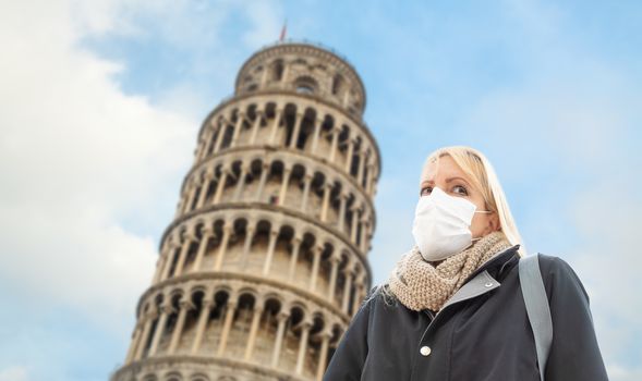 Young Woman Wearing Face Mask Walks Near The Leaning Tower of Pisa In Italy.