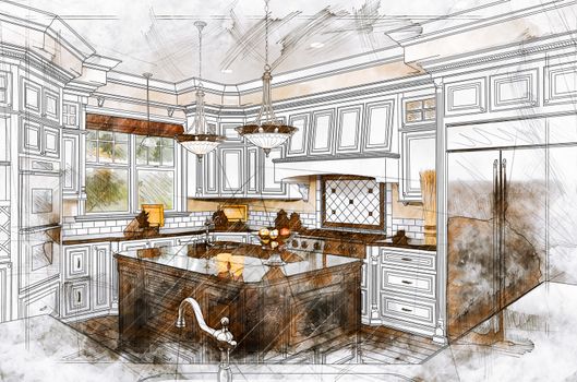 Beautiful Custom Kitchen Design Drawing Illustration Details.