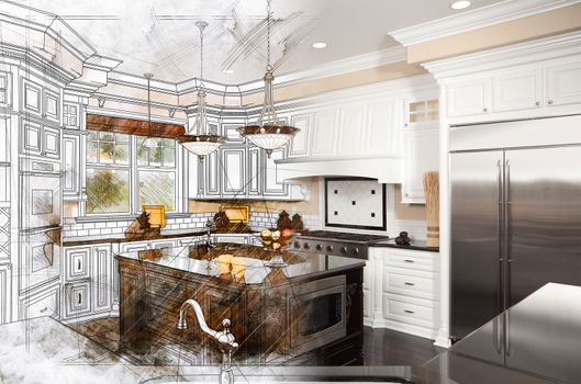 Beautiful Custom Kitchen Design Drawing Gradating Into Finished Photograph.