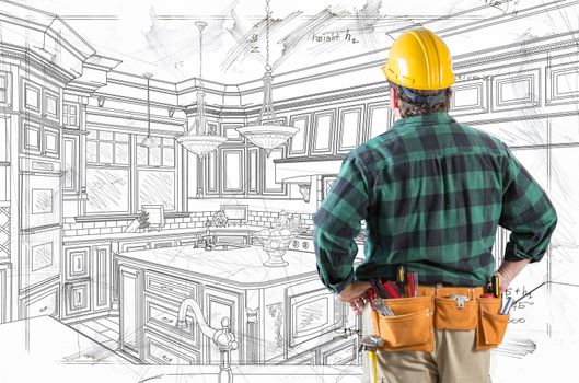 Contractor With Hard Hat and Tool Belt Facing Custom Kitchen Design Drawing Details .