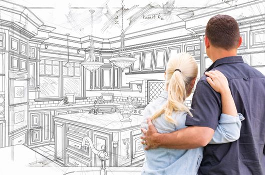 Young Adult Couple Facing Custom Kitchen Drawing Design Details.