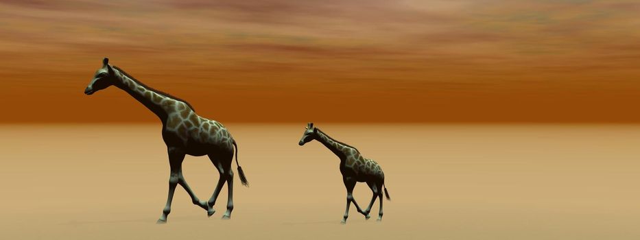 giraffe mom and her little baby and sky - 3d rendering