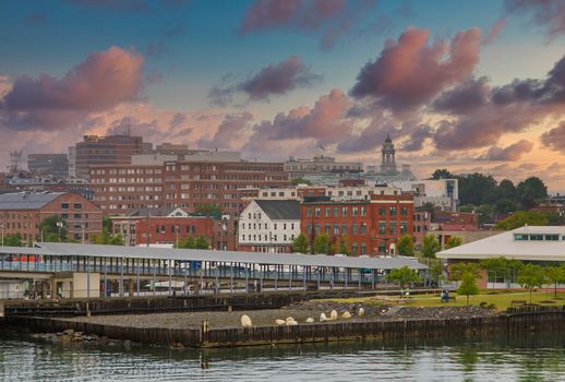 Coastal buildings in Portland Maine on a rainy and foggy morning