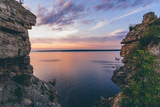 View on sunset on river through gorge