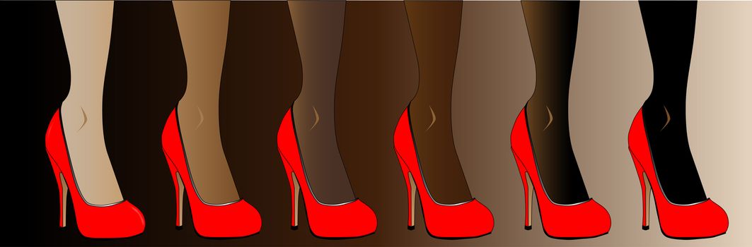 Legs in various skin tones, all wearing re stiletto heels.