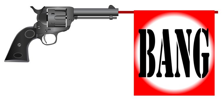 A wild west six gun isolated over a white background with a spoof BANG