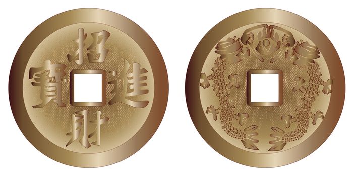 The two sides of a typical I Ching coin isolated over a white background