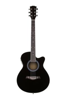 A Front view of a black acoustic guitar isolated on white