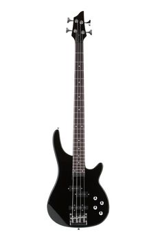 A black electric bass guitar isolated on white with clipping path