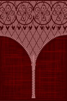 A lace stocking background in a fishnet style with hearts and flowers with a zipper foreground