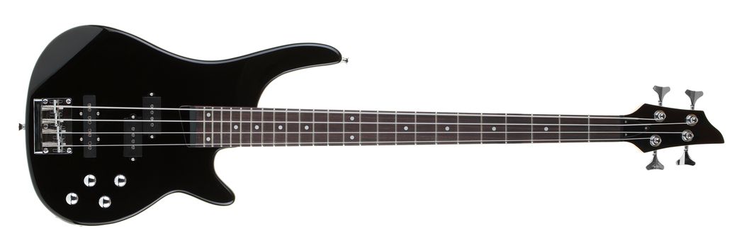 A four string 24 fret two octive bass guitar on white background