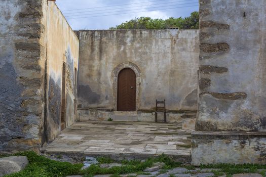 Ruins at the Church of Toplou Monastery. It is a Orthodox monastery located on the eastern part of the island of Crete in Greece.