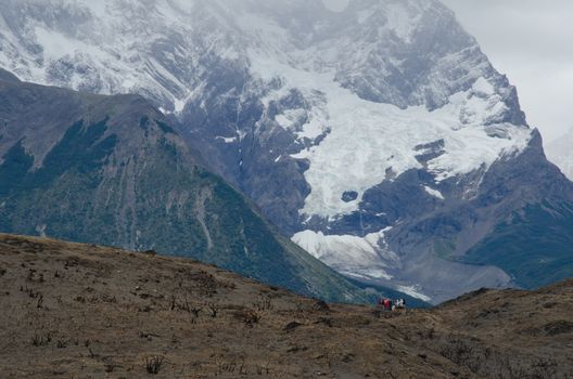 Hikers on land burned in the Torres del Paine National Park by the great fire in 2011-2012. Ultima Esperanza Province. Magallanes and Chilean Antarctic Region. Chile.