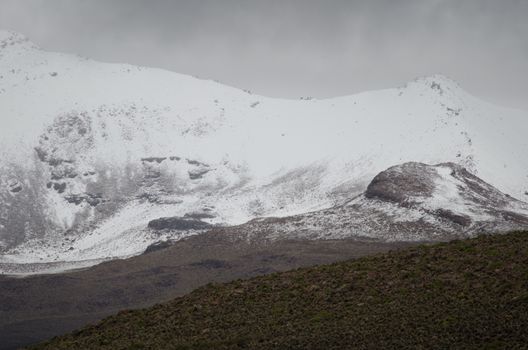 Landscape with snowy mountain in Lauca National Park. Arica y Parinacota Region. Chile.