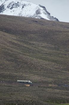 Truck on a road of the Lauca National Park. Lauca National Park. Arica y Parinacota Region. Chile.