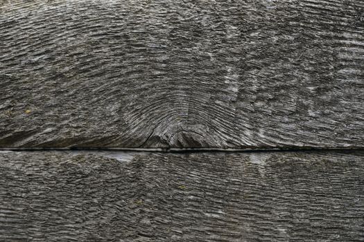 Old wooden texured surface closeup. Moss and relief on surface. Stock photo of old wooden pattern of aged boards with moss. Brown and gray colors on photo.