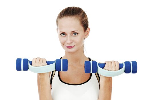 dumbbells in woman hands isolated on white background