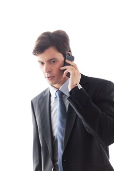 Businessman talking on phone isolated on white background