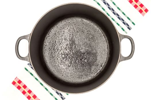 Cast iron pan with two handles top view on a white background