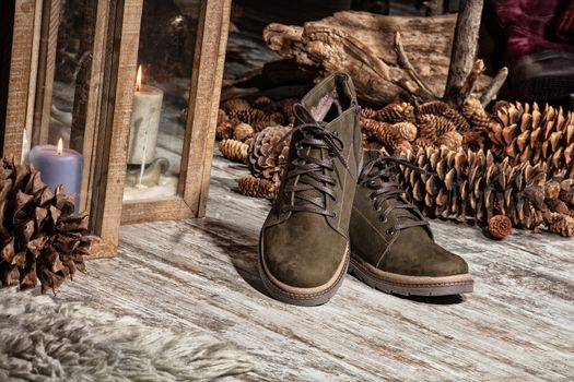 Different shoes on an old wooden background