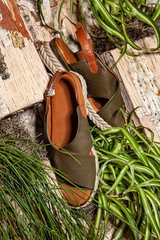 Different shoes with accessories on a studio background