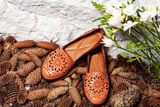 Different shoes with accessories on a studio background