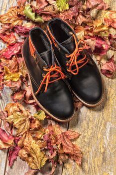 Different kinds of shoes on a wooden desk