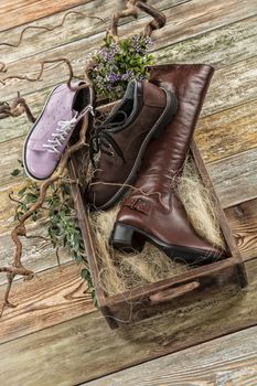 Different kinds of shoes on a wooden desk
