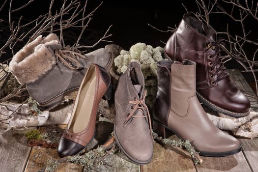 Different kinds of shoes on a wooden desk