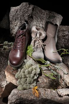 Different kinds of shoes on a wooden desk