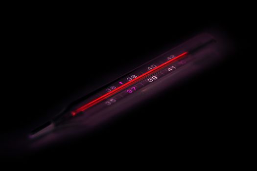 Human thermometer shows critical temperature on white background. Coronavirus covid-19 fever symptom