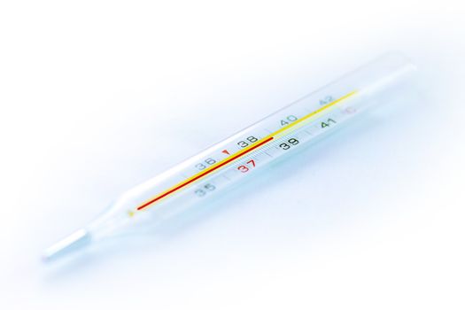 Human thermometer shows high temperature on white background. Coronavirus covid-19 fever symptom