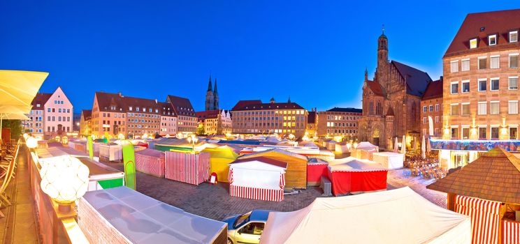 Nurnberg. Nuremberg main square and church of Our Lady or Frauenkirche dusk panoramic view, Bavaria region of Germany
