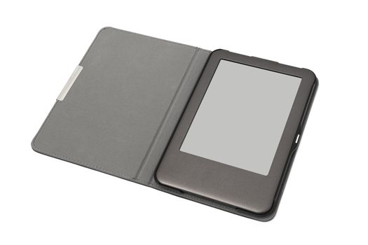 E-book on tablet pc touchpad on protected cover isolated on white background. With clipping path