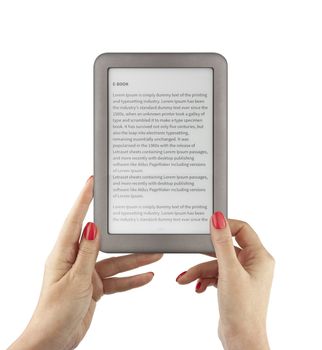 Holding E-book reader in hands. Include clipping path for screen and book with hands. LOREM IPSUM text on e-book screen.