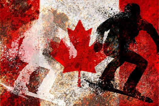 Snowboarder silhouette on a Canada flag on the rusty metal background texture