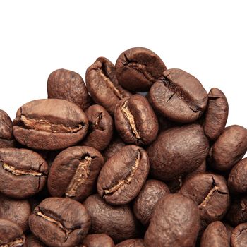 Roasted coffee beans isolated in white background cutout. Close up