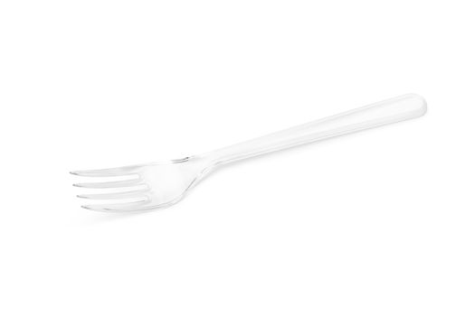 Transparent plastic fork isolated on white background. Close up. With clipping path