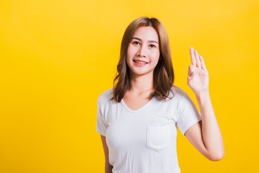 Asian Thai happy portrait beautiful cute young woman standing wear t-shirt showing gesturing ok sign with fingers looking to camera, isolated studio shot on yellow background with copy space