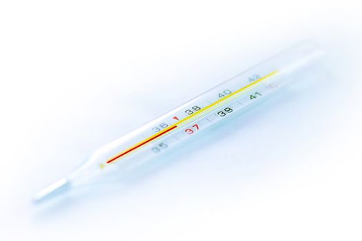 Thermometer shows normal human temperature on white background. People fever diagnostic instrument