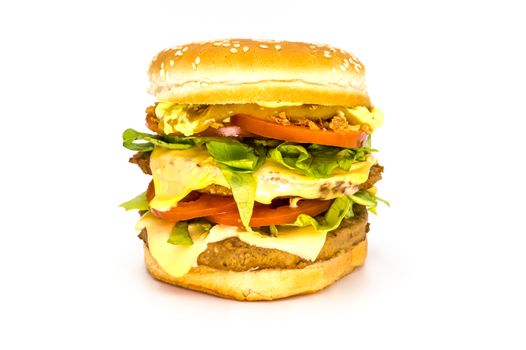 Double meat and cheese burger on white background