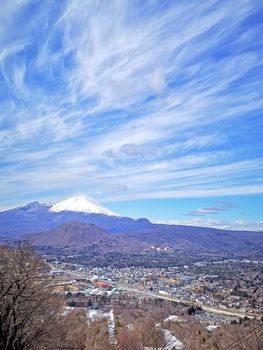 The town, cloudscape,  Fuji mountain, residential buildings in Japan countryside
