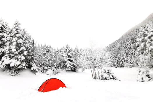 The red tent, natural snow hill in Japan Yatsugatake mountains
