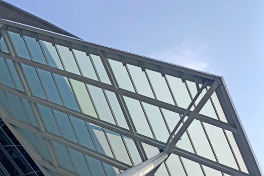 The exterior roof top part of modern exhibition center building in Hong Kong city
