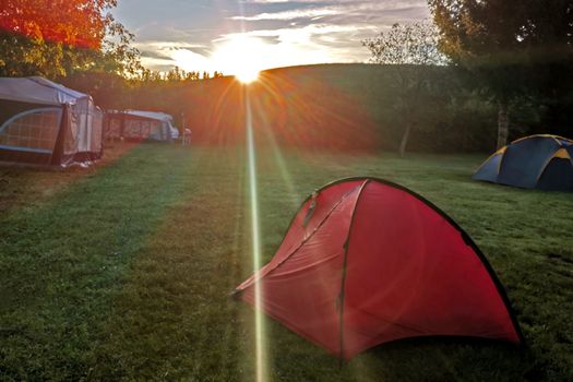 The outdoor camping tent in Switzerland countryside campsite